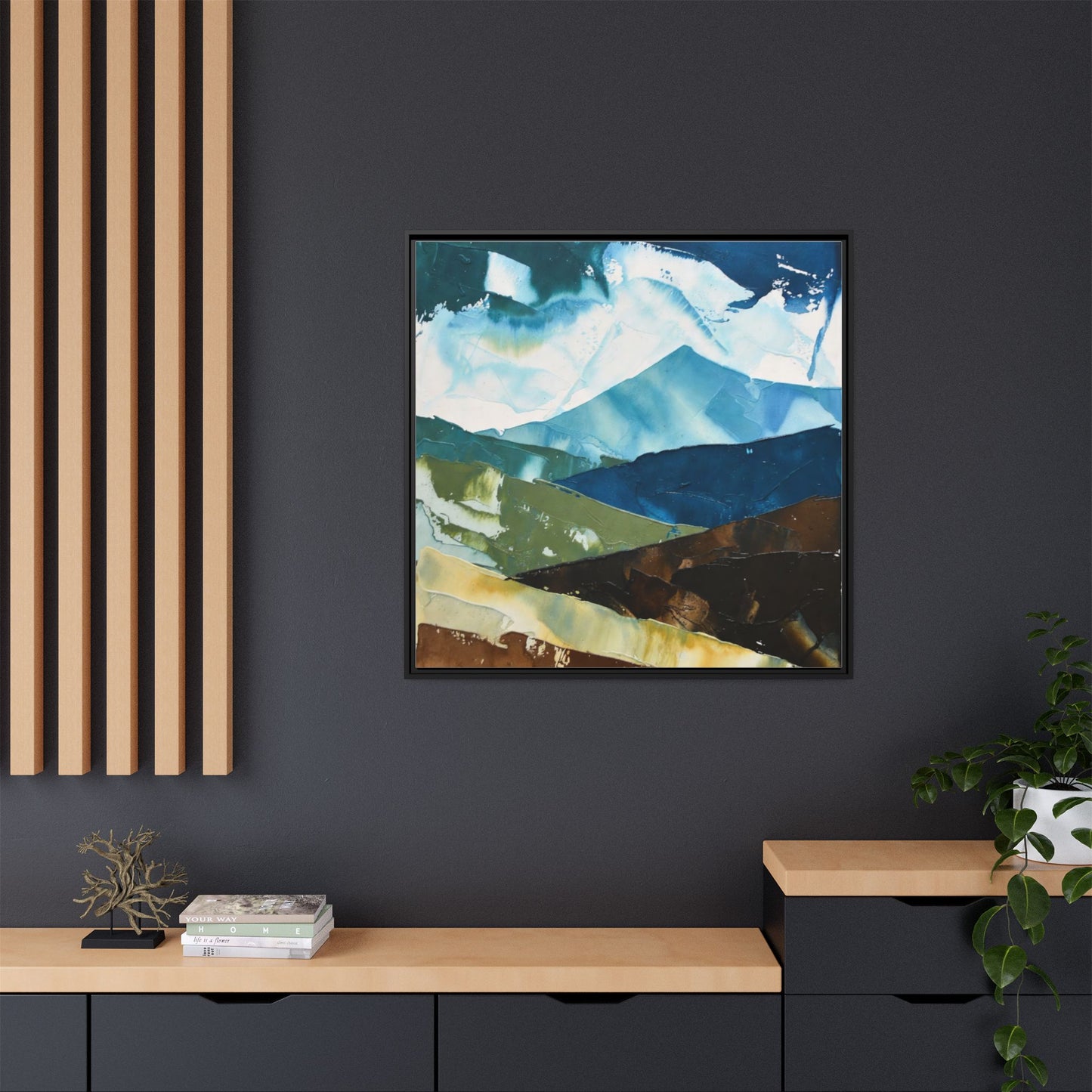 Framed Abstract Mountain Canvas Art — Blue & Earthtone Landscape Print
