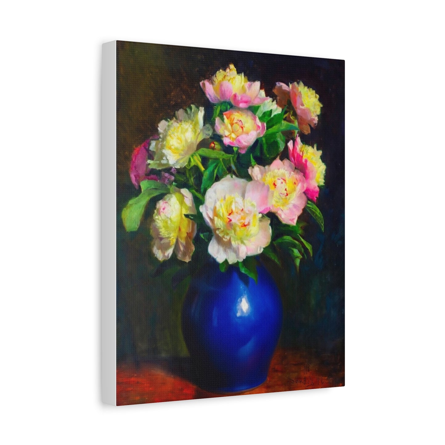 Peony Bouquet Canvas Print — Pink Peonies in Blue Vase, Stretched Matte Wall Art