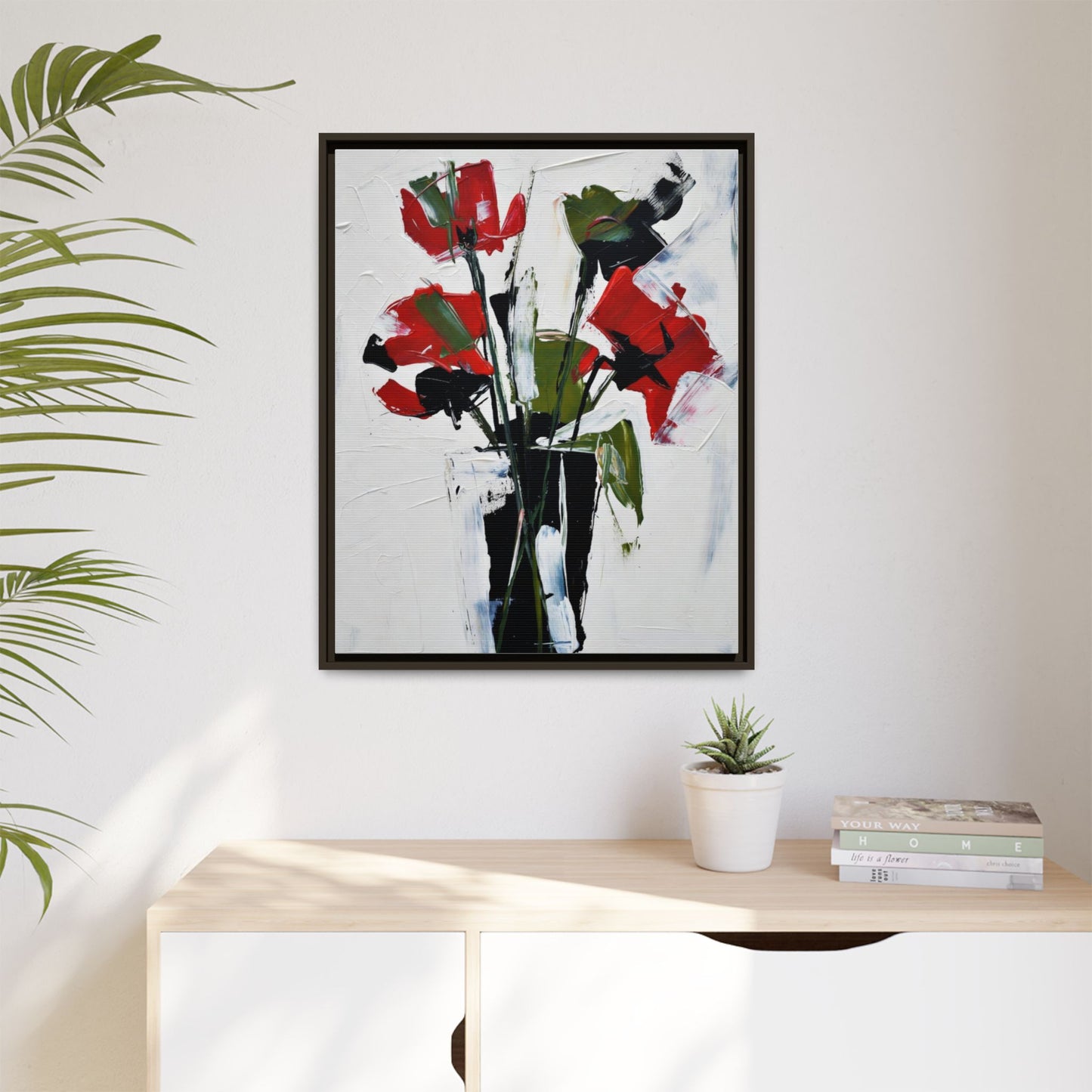 Framed Abstract Floral Canvas Print — Red Poppies in Black Vase