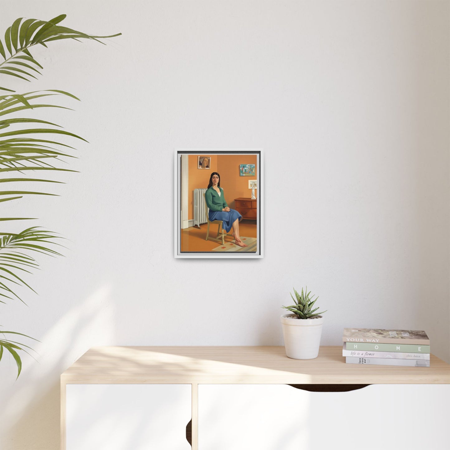 Framed Matte Canvas Print — Woman Seated in Warm Interior (Midcentury Portrait)