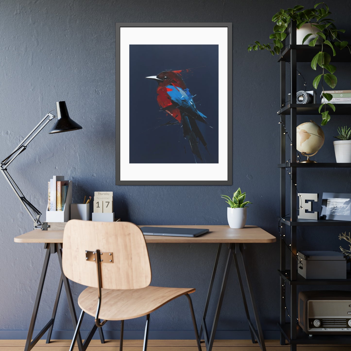 Framed Bird Art Print — Modern Red & Blue Kingfisher Poster