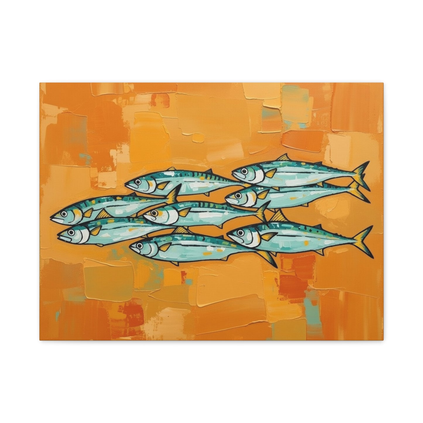 School of Mackerel Canvas Wall Art — Nautical Fish Painting on Orange Background