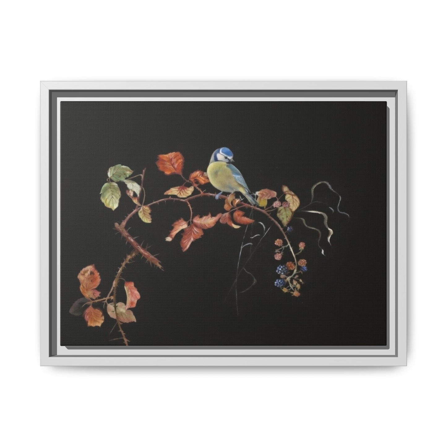 Framed Matte Canvas - Blue Tit on Autumn Branch Wall Art