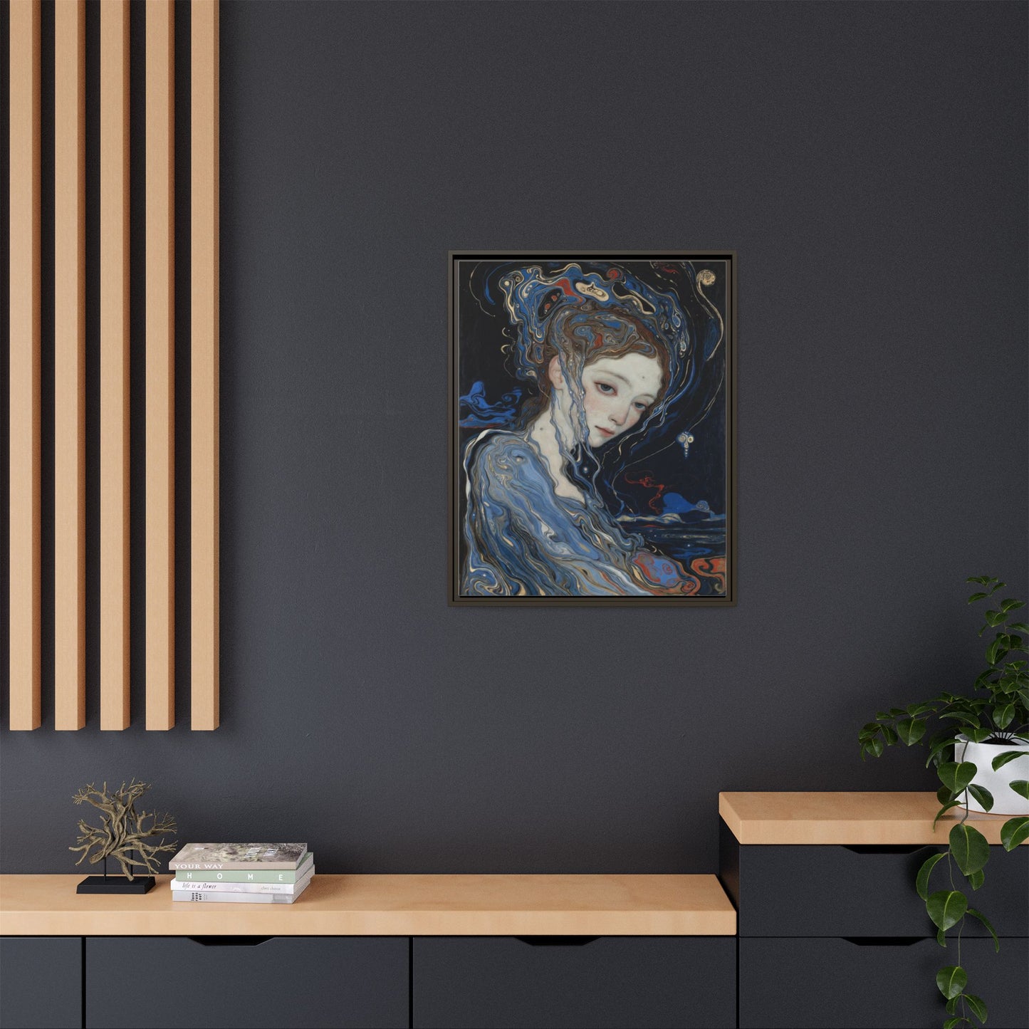 Framed Matte Canvas Art Print — Surreal Blue Maiden Portrait