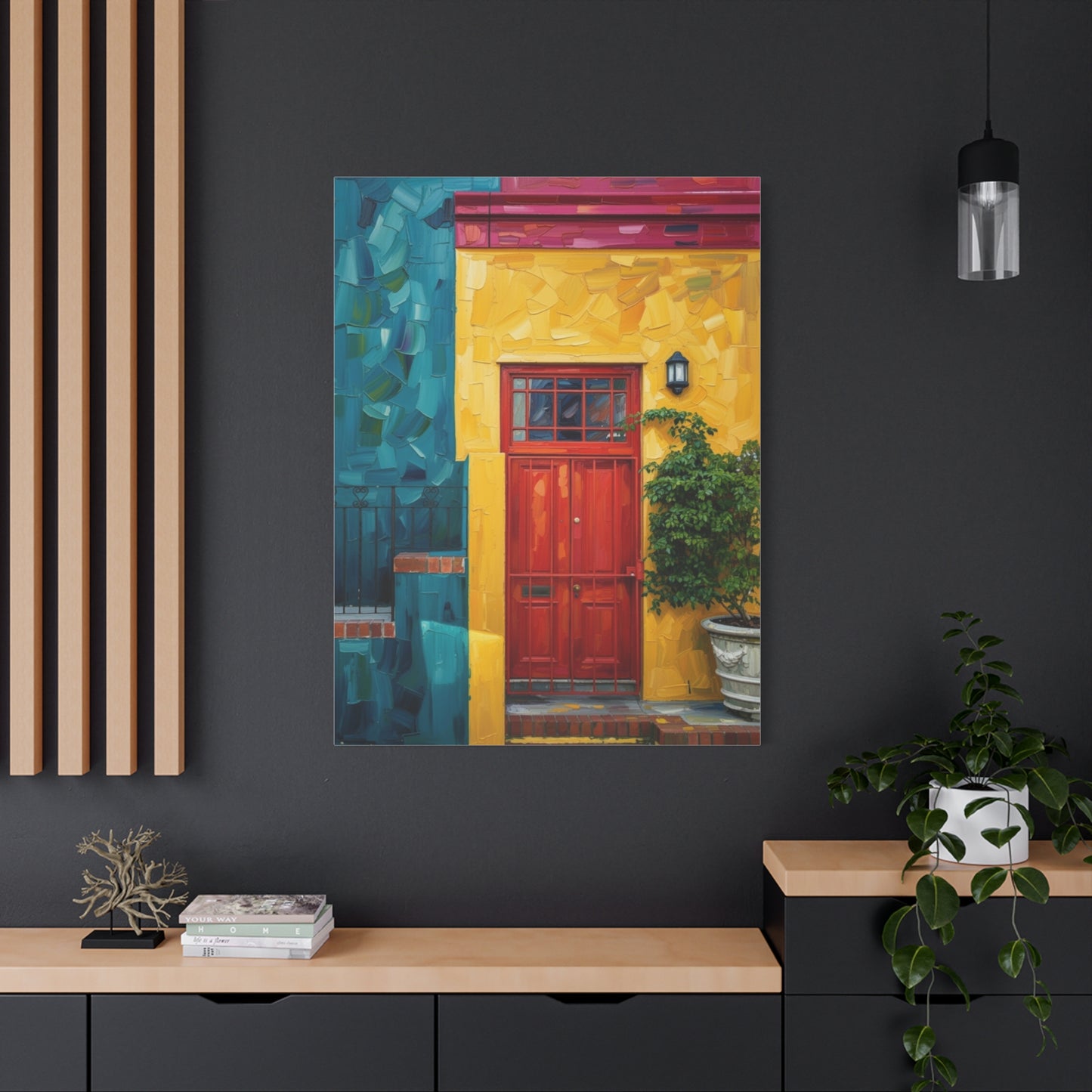 Colorful Doorway Canvas Wall Art — Vibrant Yellow & Teal Street Scene, Matte Stretched Print