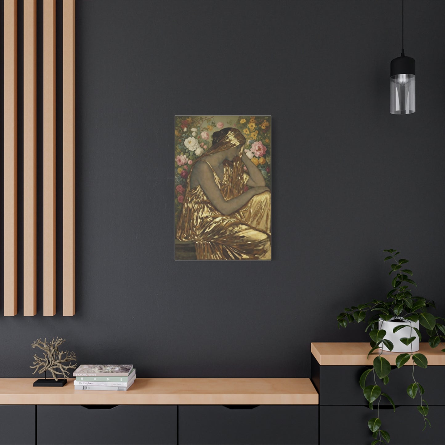 Golden Muse Canvas Print — Woman in Gold Floral Art (Stretched Matte)
