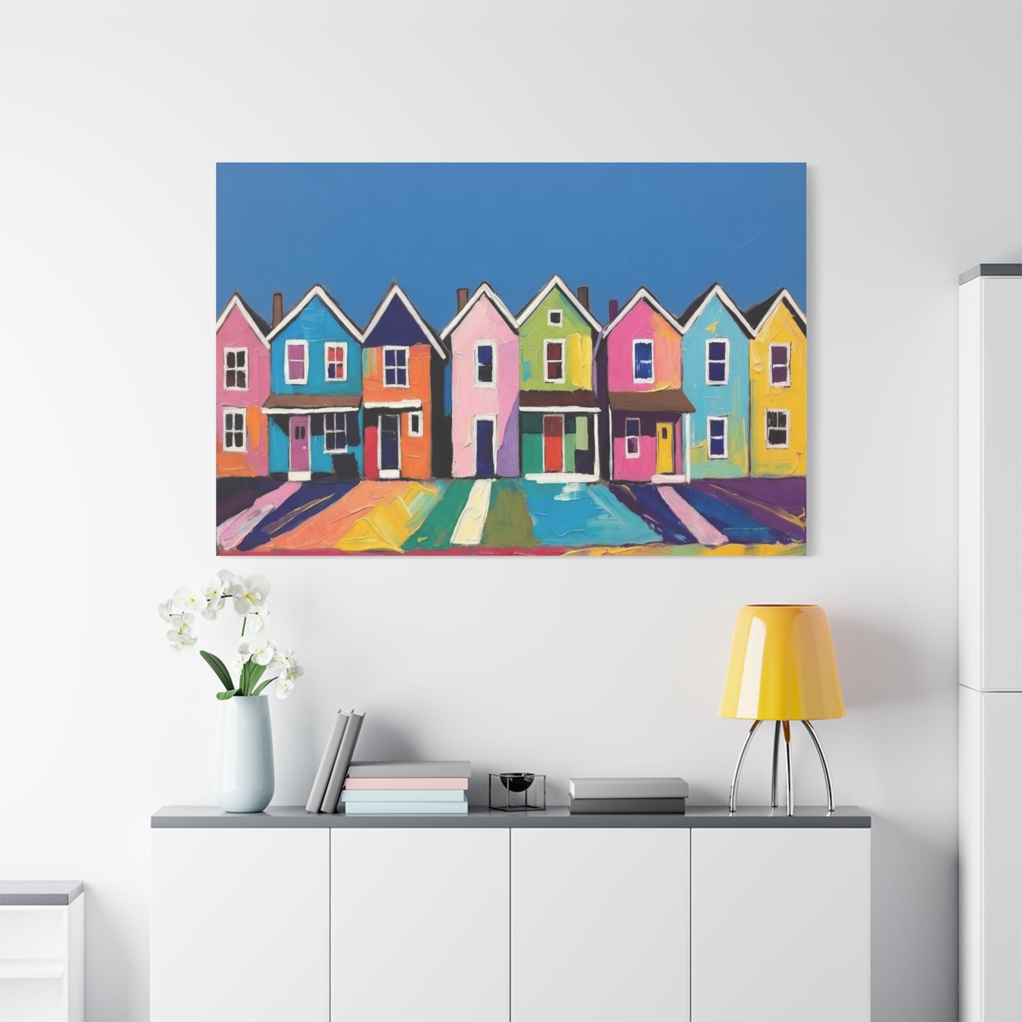 Colorful Row Houses Matte Canvas Print Vibrant Coastal Neighborhood Wall Art