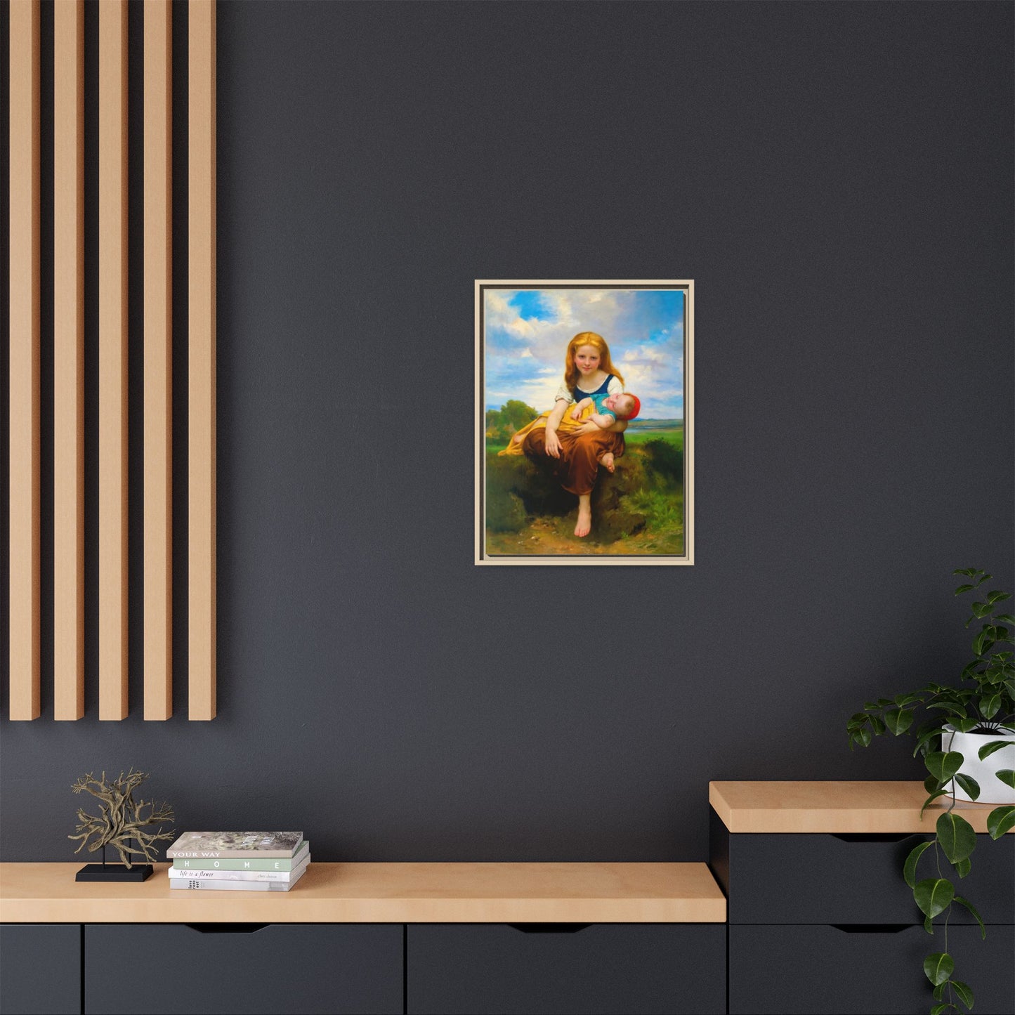 Young Girl Holding Sleeping Baby Canvas Print, Framed Wall Art