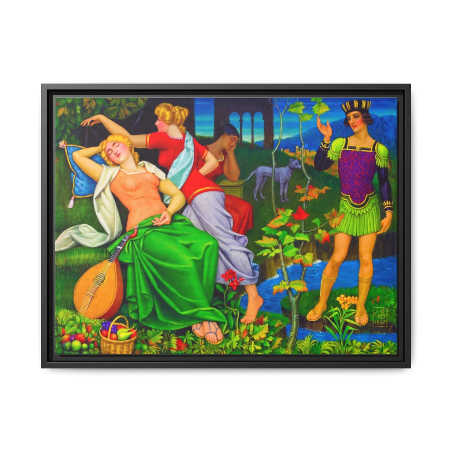 Framed Matte Canvas Art — Colorful Mythic Garden Scene