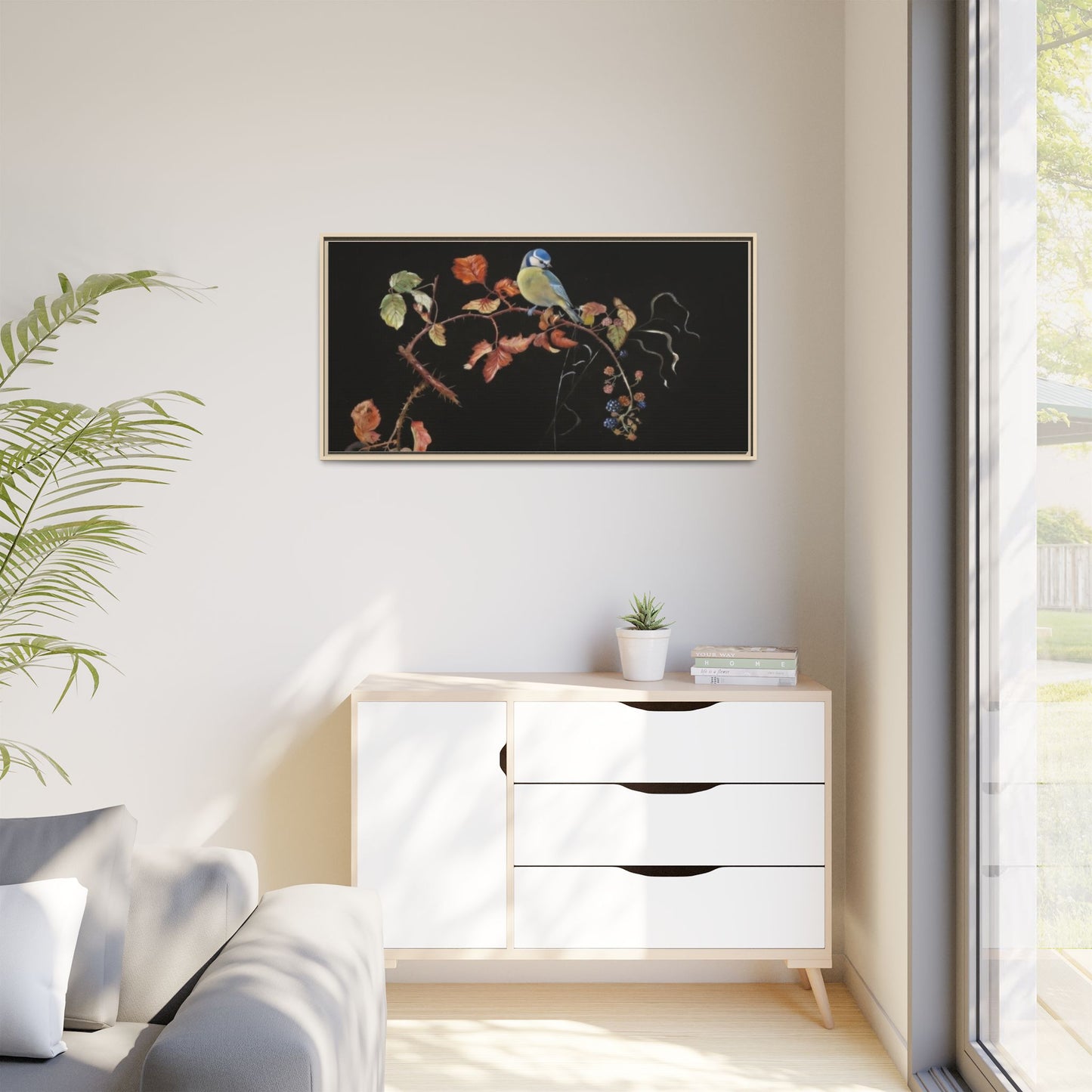 Framed Matte Canvas - Blue Tit on Autumn Branch Wall Art