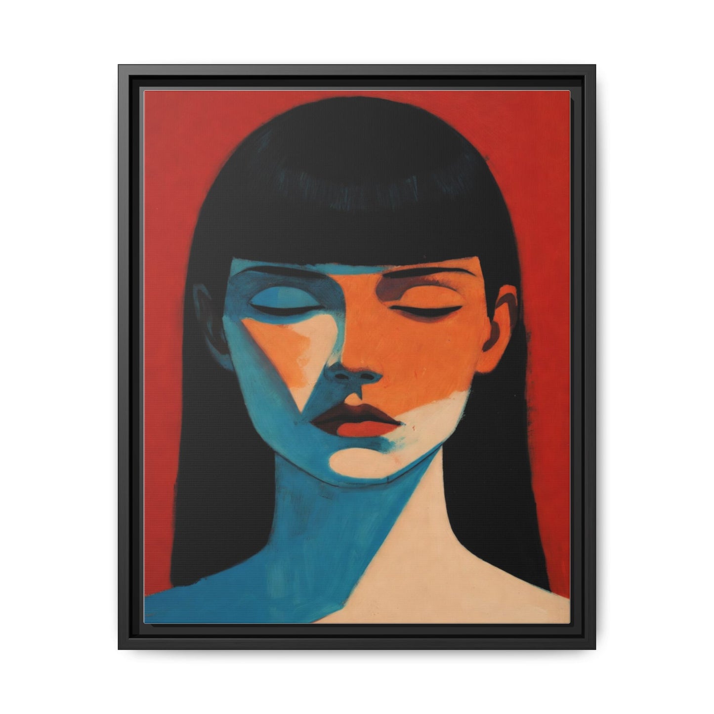 Framed Matte Canvas Art – Minimalist Portrait in Red & Teal