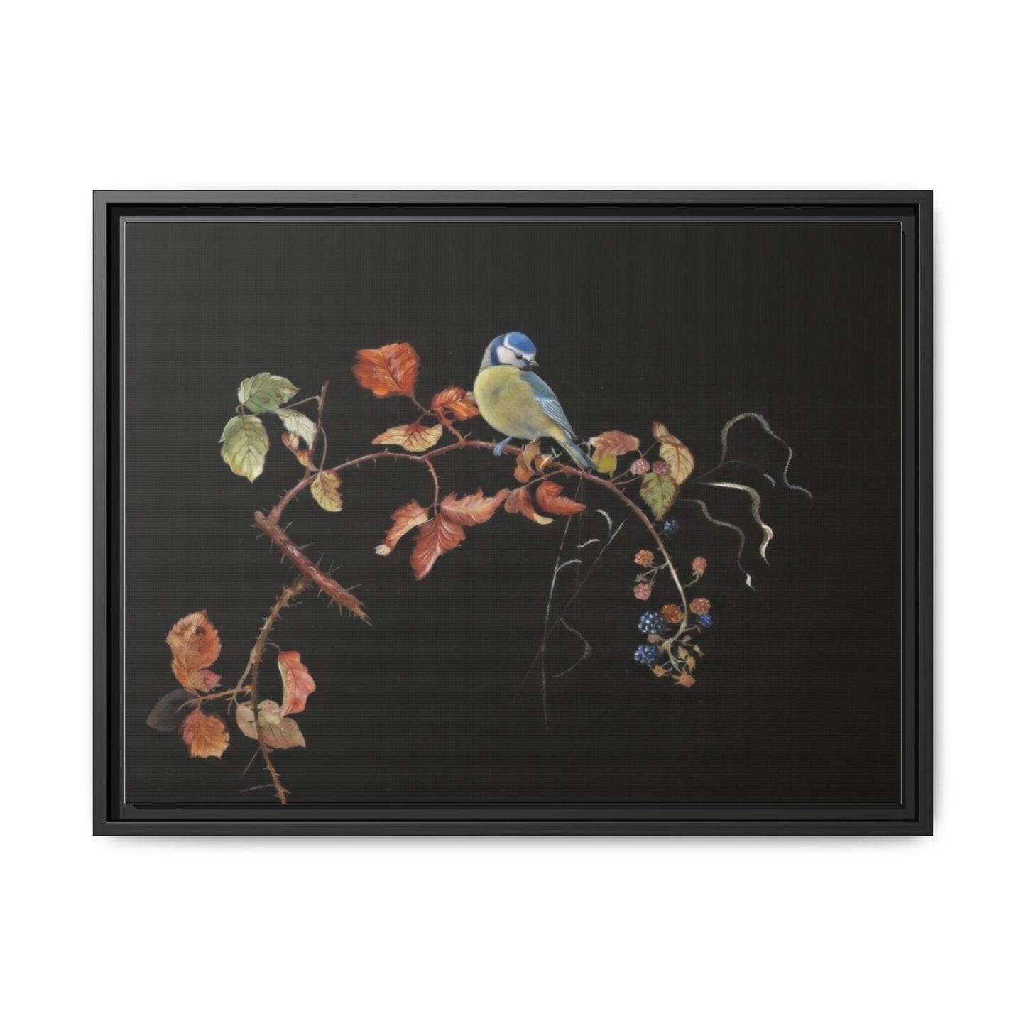 Framed Matte Canvas - Blue Tit on Autumn Branch Wall Art
