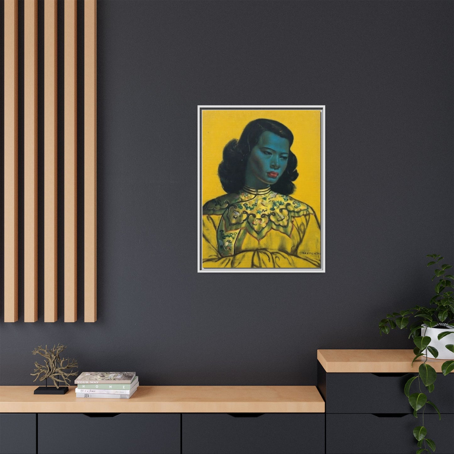 Framed Matte Canvas Art Print — Vintage Portrait with Yellow Background