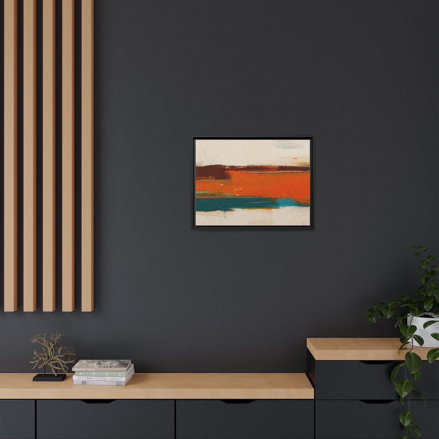 Abstract Horizon Matte Canvas Framed Print — Modern Orange Teal Wall Art