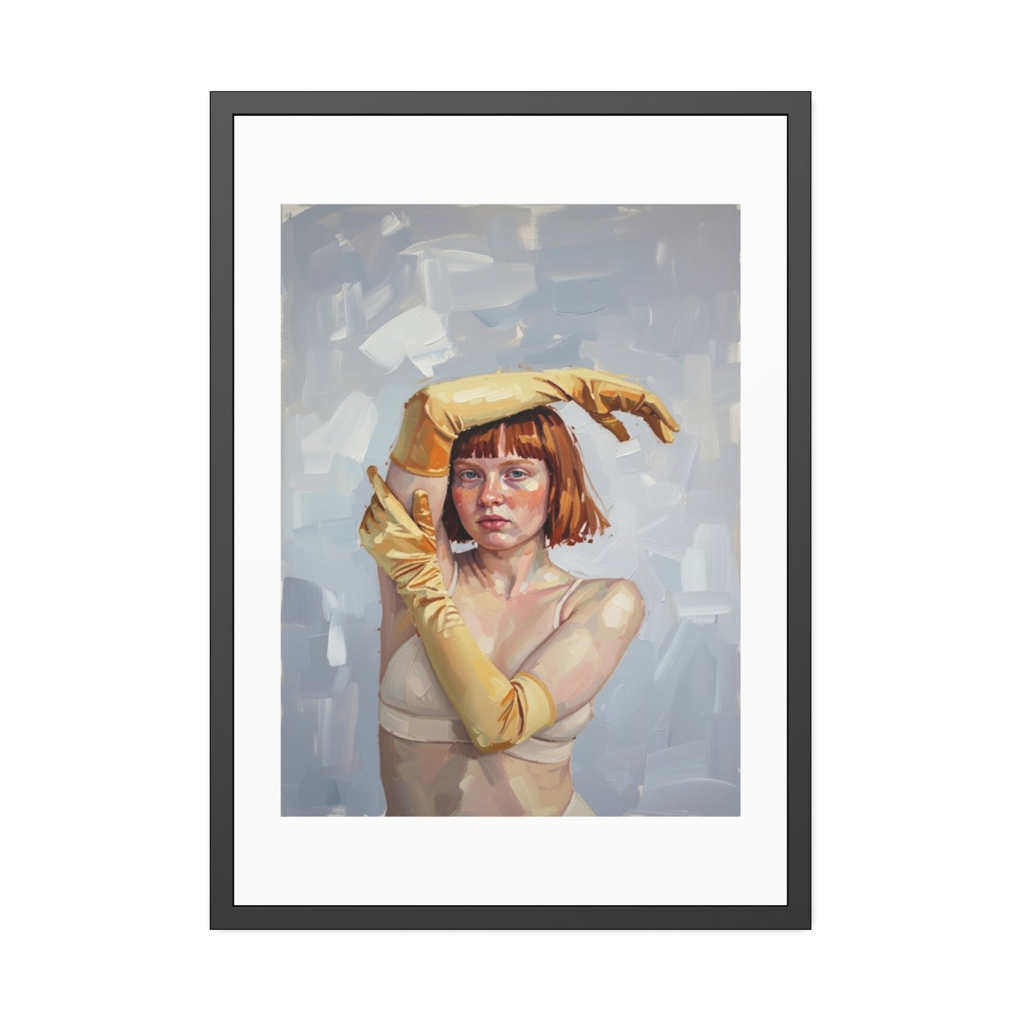 Framed Art Print — Portrait of Woman in Yellow Gloves (Modern Figurative Wall Art)