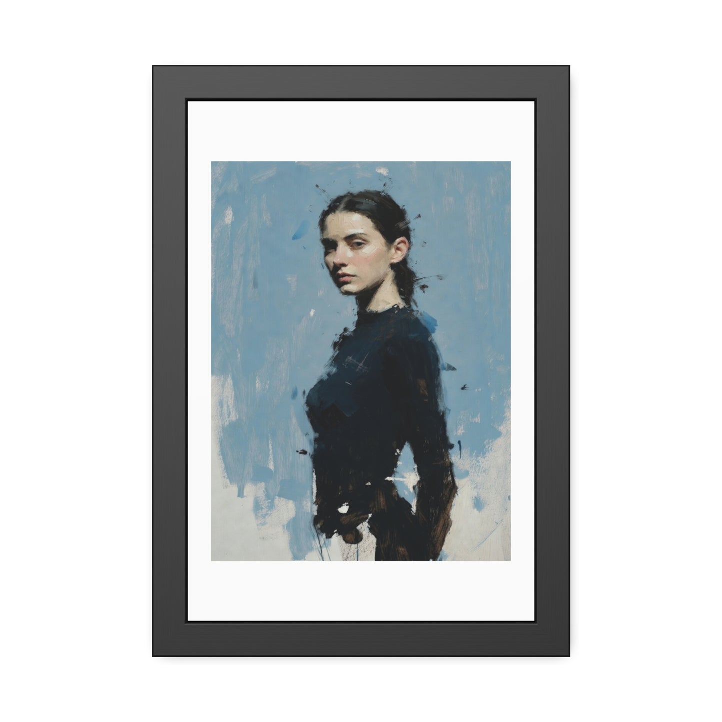 Framed Art Print — Moody Portrait with Blue Painterly Background