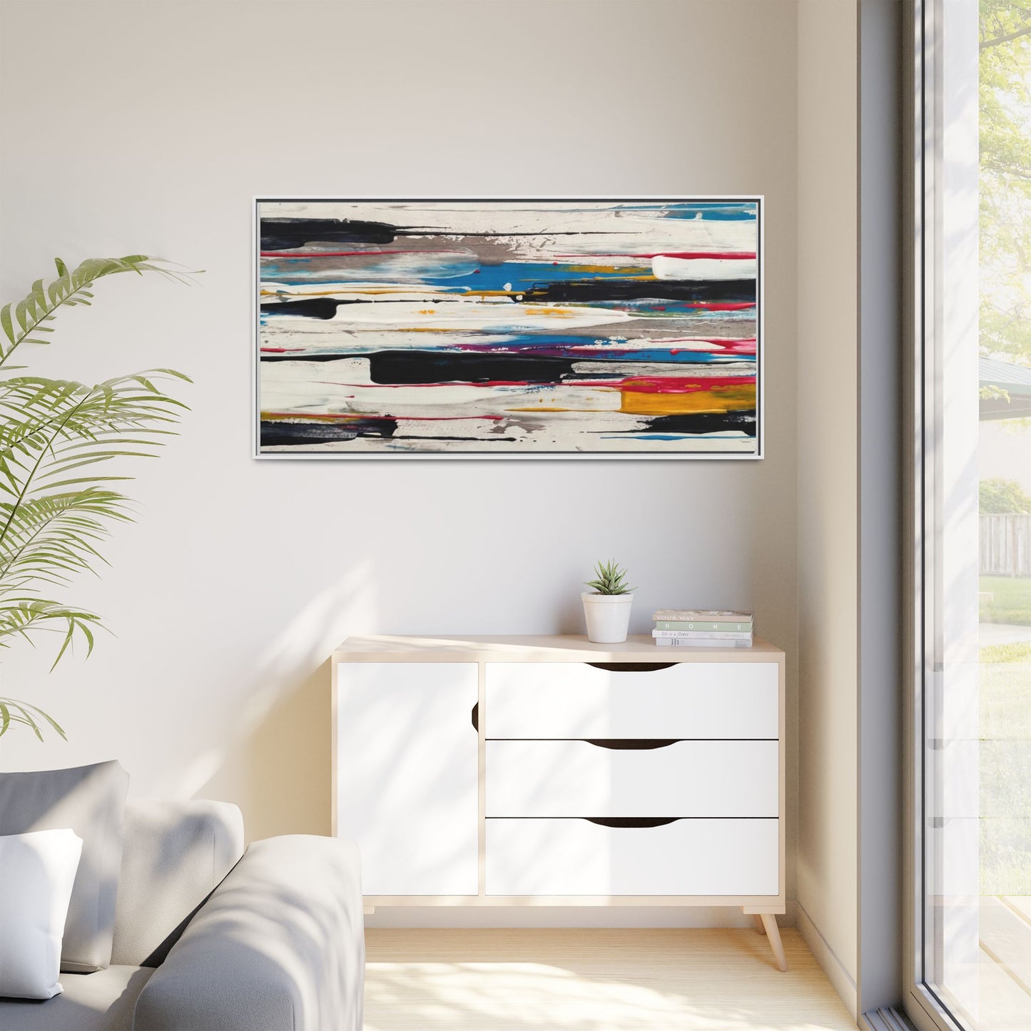 Abstract Multi-Color Framed Canvas Wall Art — Modern Horizontal Brushstroke Print