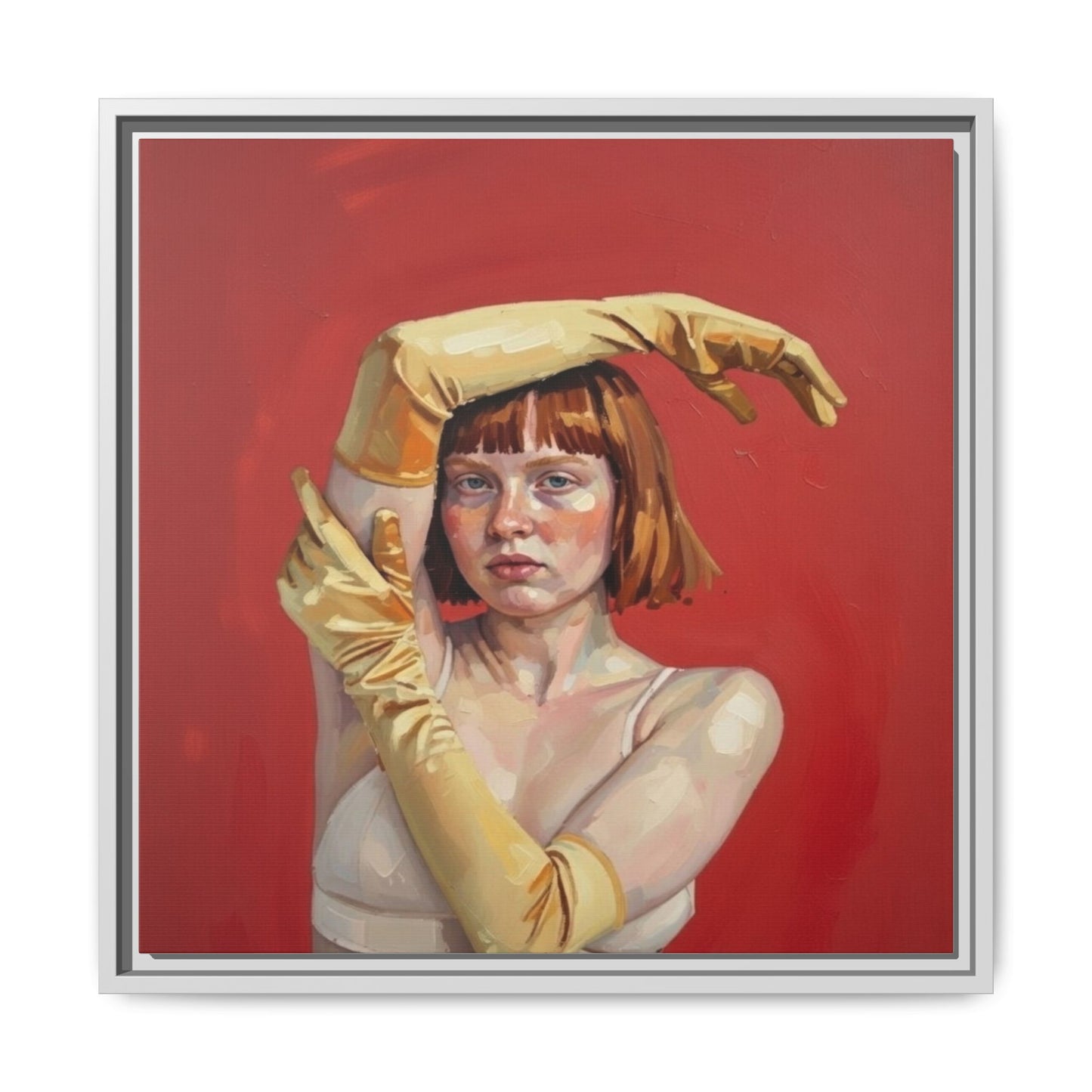 Framed Matte Canvas Art - Portrait of Woman in Yellow Gloves (Red Background)