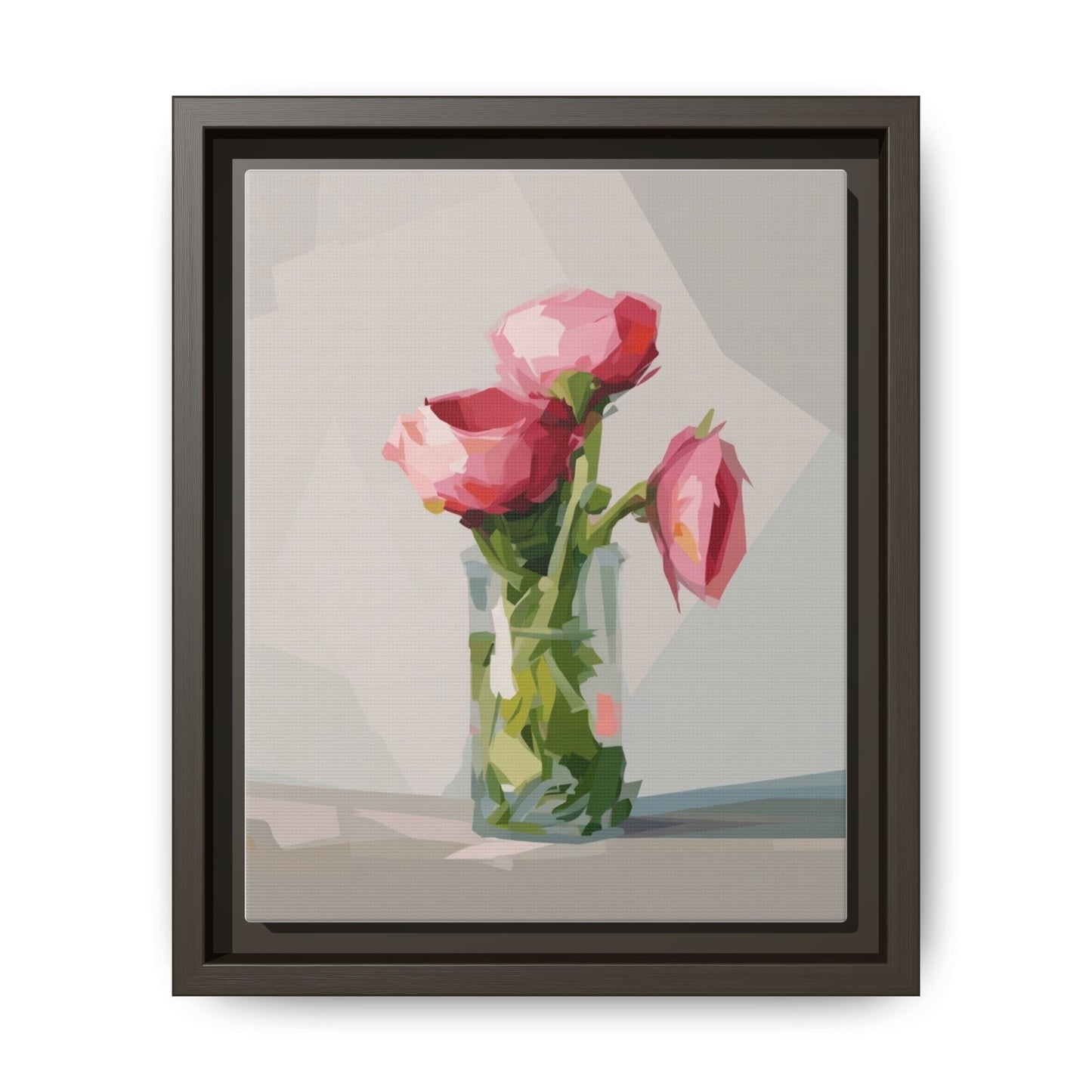Framed Canvas Art — Pink Roses in Vase, Modern Floral Wall Print