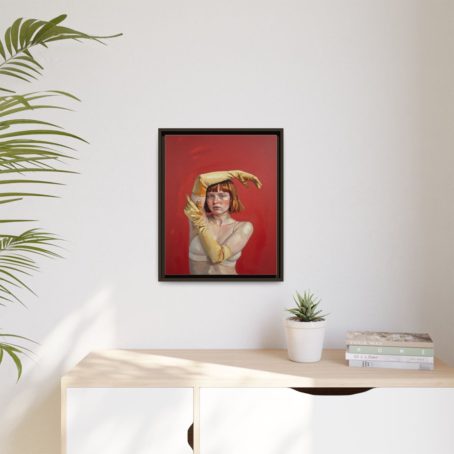 Framed Matte Canvas Art - Portrait of Woman in Yellow Gloves (Red Background)