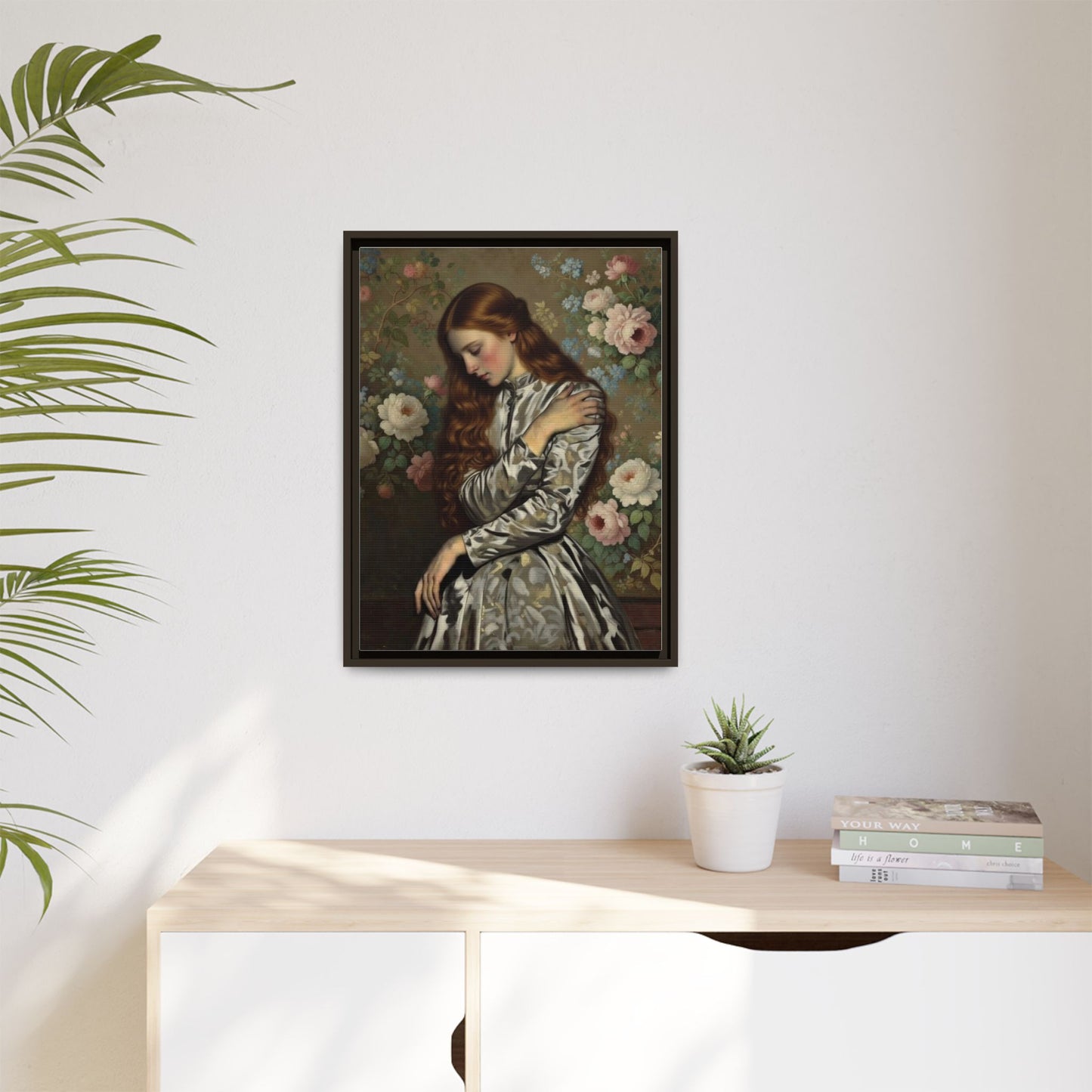 Framed Matte Canvas Art — Vintage Floral Portrait of a Young Woman