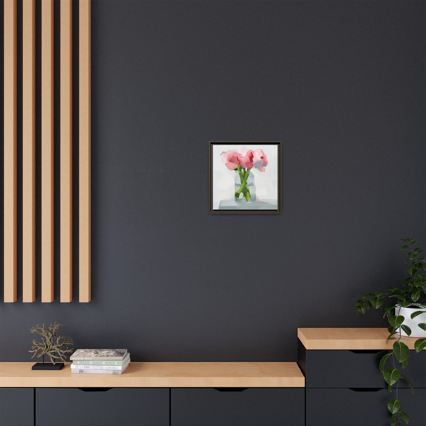 Framed Floral Canvas Art — Pink Peonies in Vase (Matte)