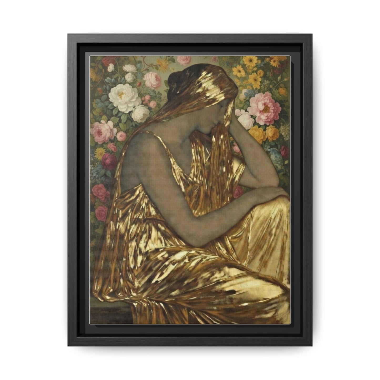 Framed Canvas Art Print — Golden Muse Woman with Floral Background