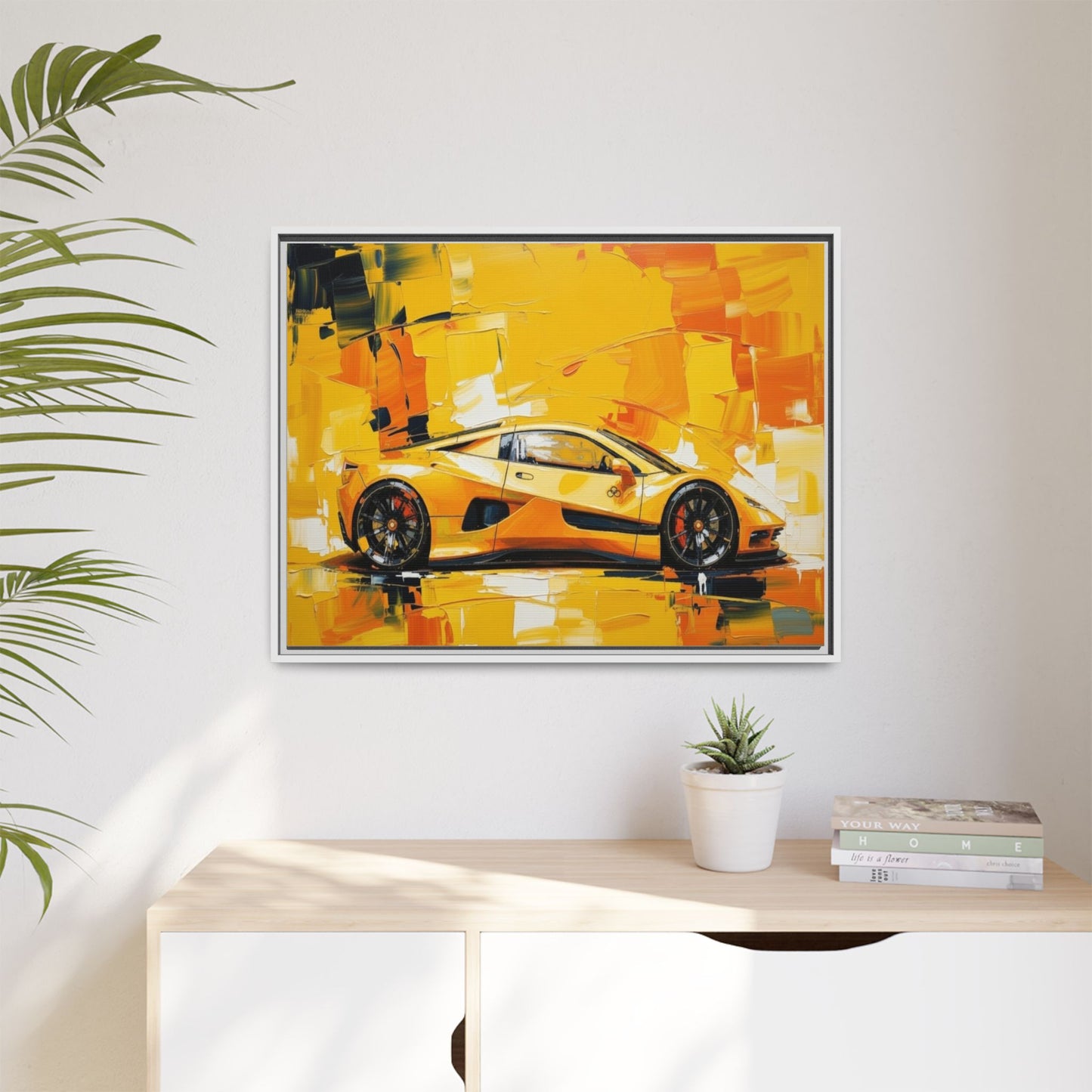 Yellow Sports Car Abstract Matte Canvas Framed Print