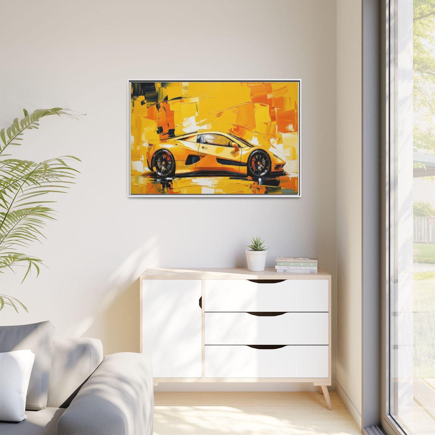 Yellow Sports Car Abstract Matte Canvas Framed Print