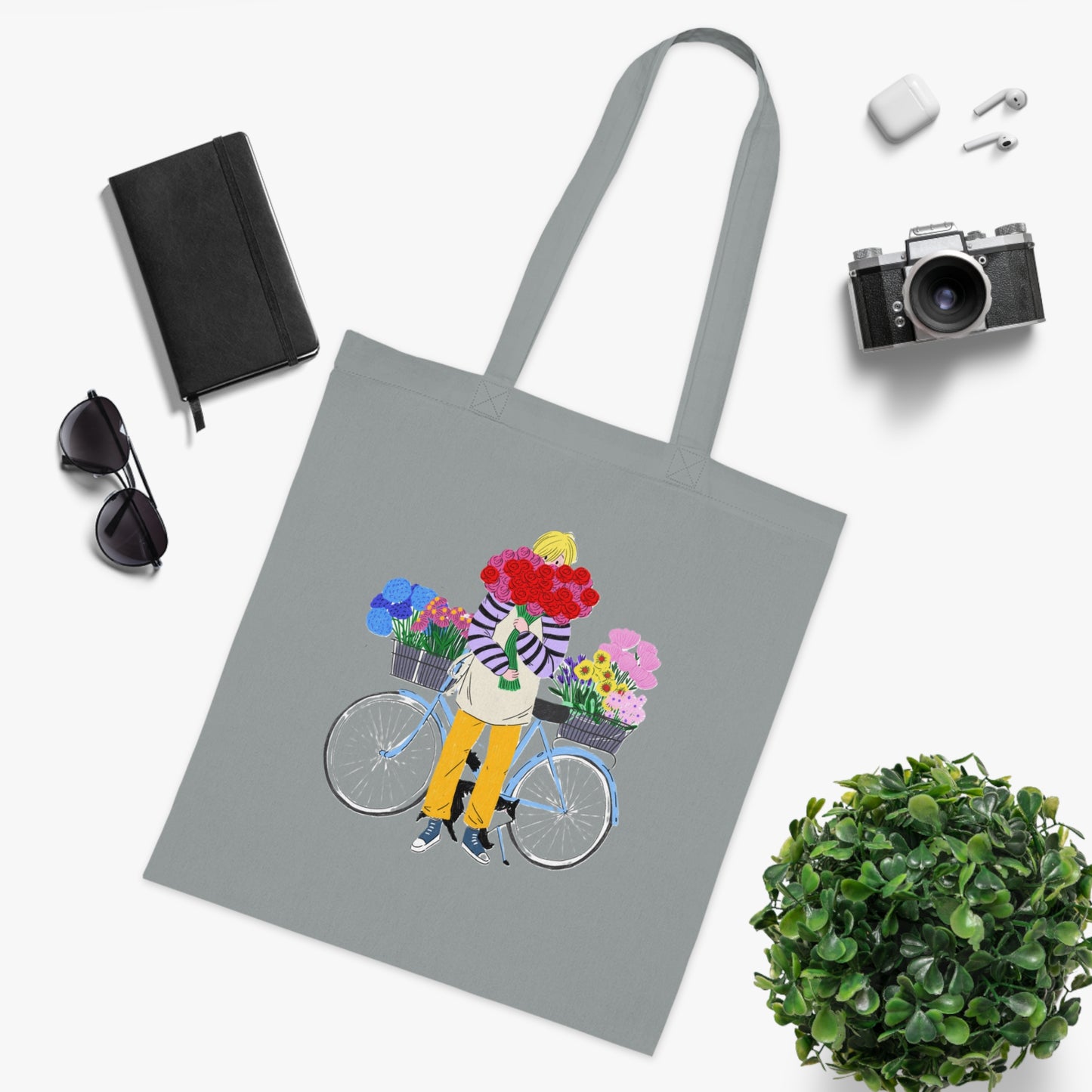 Floral Bike Tote Bag — Cotton Market Tote with Colorful Flower Bicycle Design