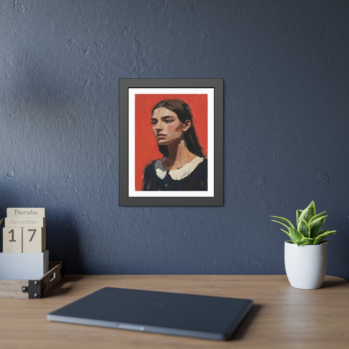 Framed Art Print — Distant Woman Portrait Painting on Red Background