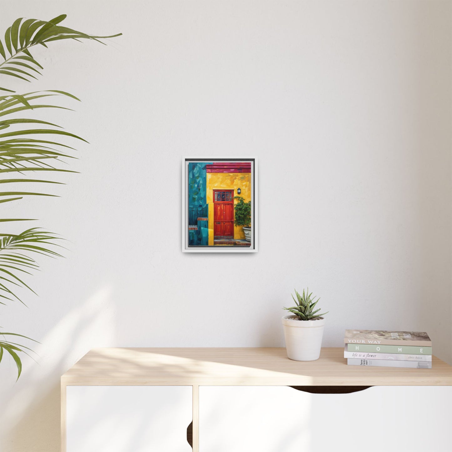 Framed Matte Canvas Wall Art — Colorful Red Door on Yellow Facade