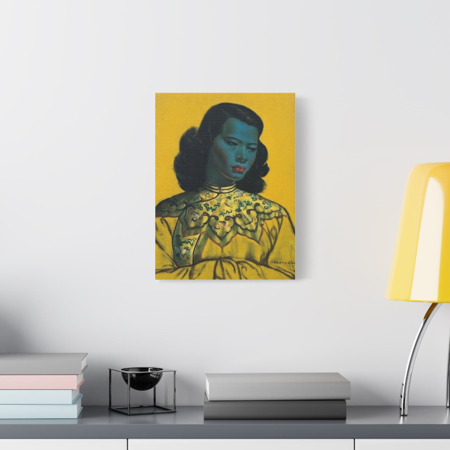 Vintage Portrait Canvas Print — Mid-Century Asian Woman Art on Yellow Background