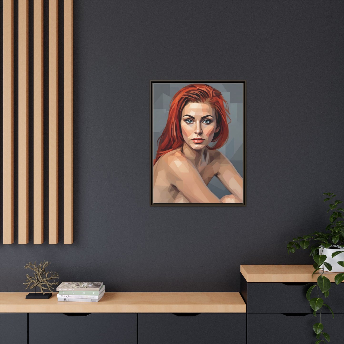 Framed Matte Canvas Portrait — Geometric Redhead Wall Art
