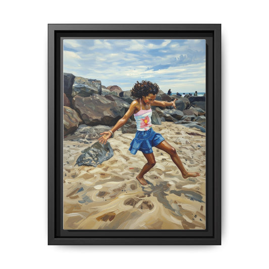 Framed Canvas Art - Girl Dancing on the Beach (Matte Multi-Color)