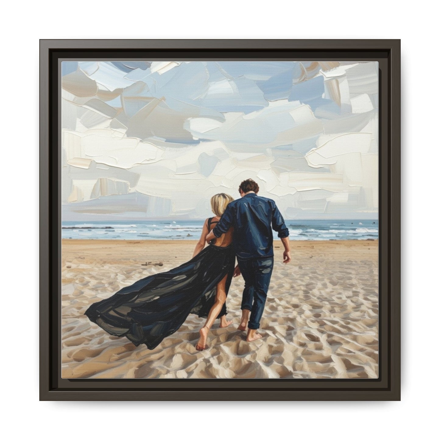 Framed Canvas Wall Art — Romantic Couple Walking on Beach Print