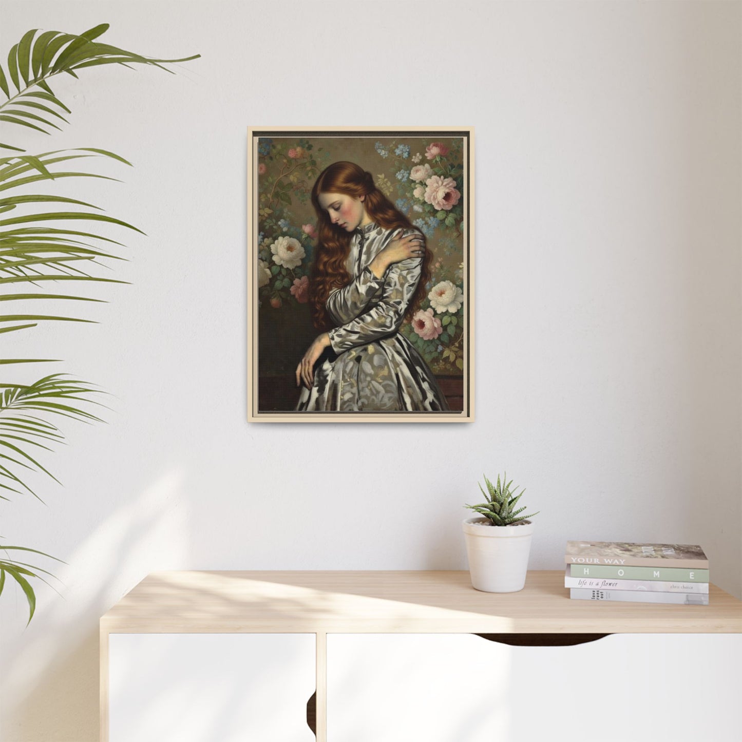 Framed Matte Canvas Art — Vintage Floral Portrait of a Young Woman