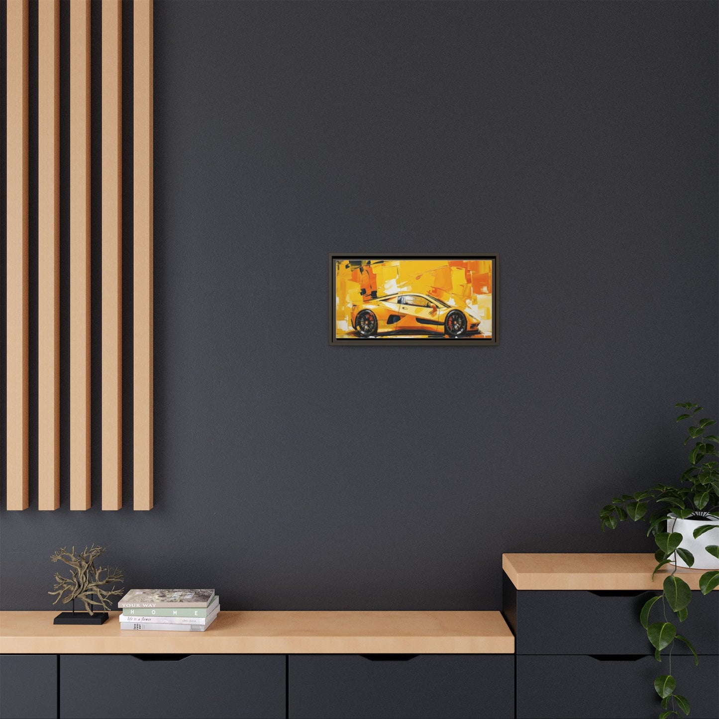 Yellow Sports Car Abstract Matte Canvas Framed Print