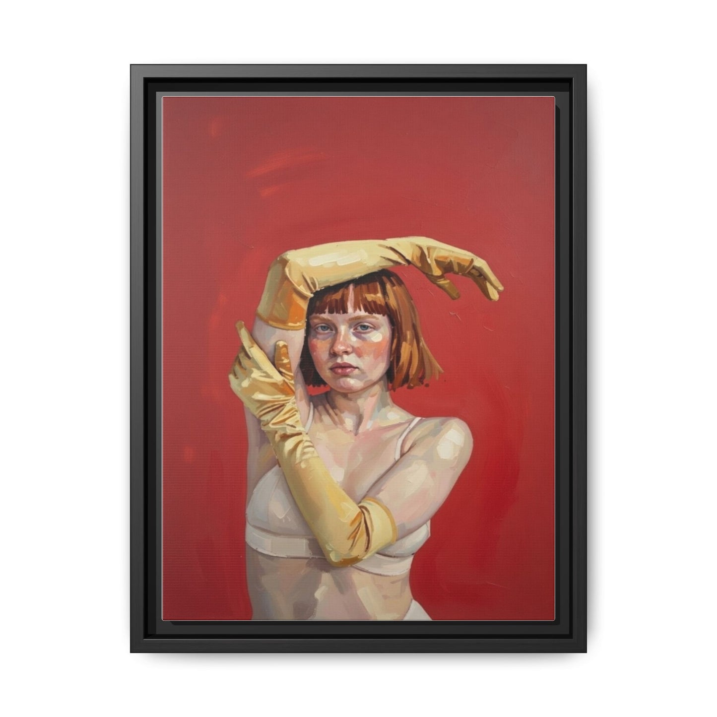Framed Matte Canvas Art - Portrait of Woman in Yellow Gloves (Red Background)