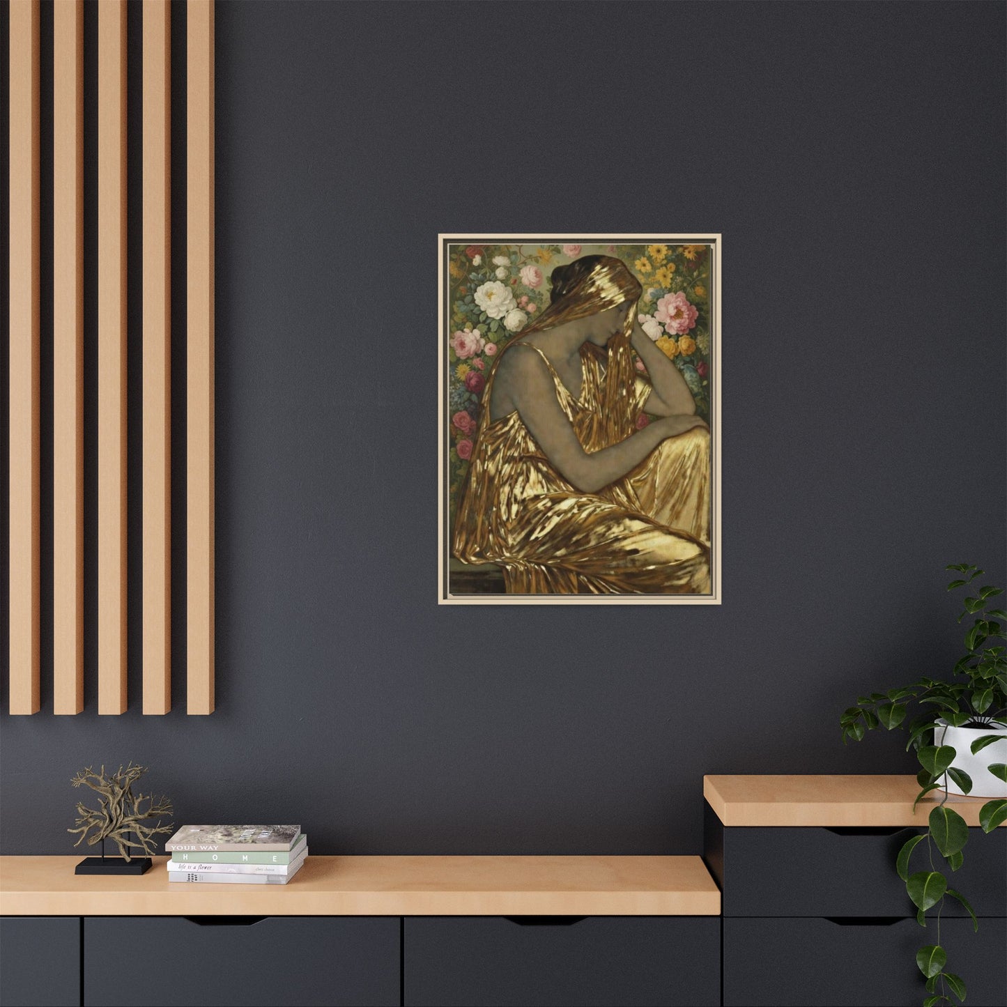 Framed Canvas Art Print — Golden Muse Woman with Floral Background