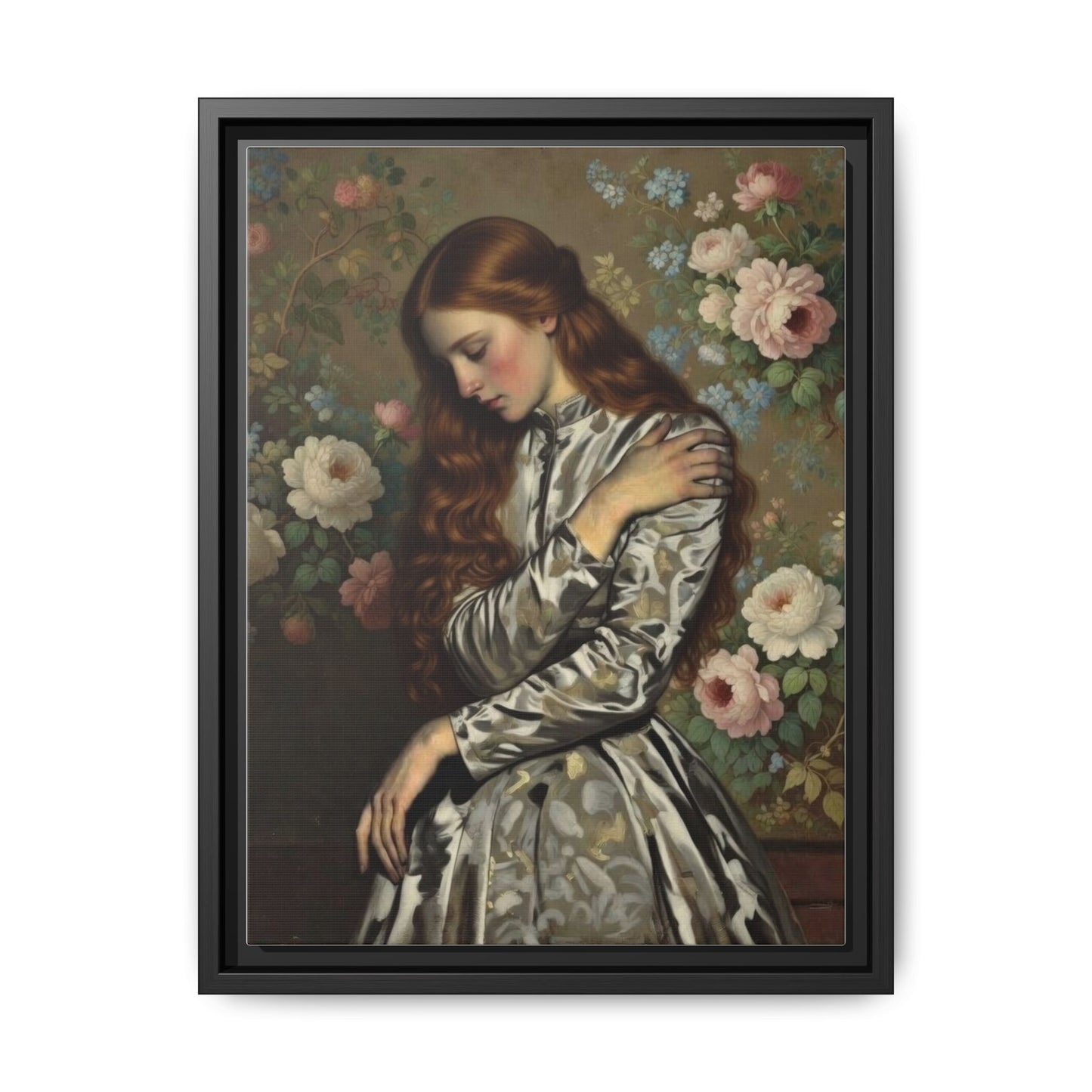 Framed Matte Canvas Art — Vintage Floral Portrait of a Young Woman