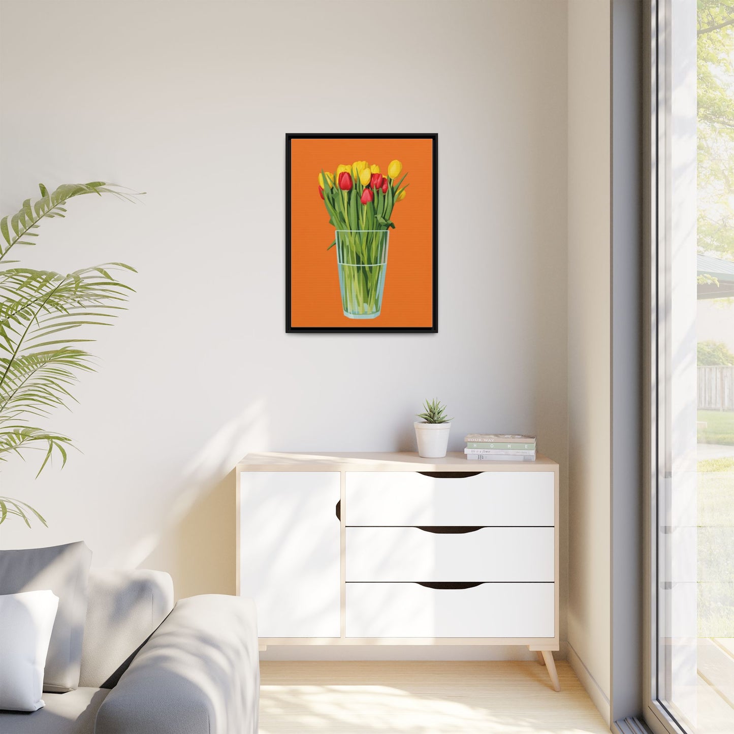 Framed Tulip Canvas Print — Colorful Tulips in Glass Vase
