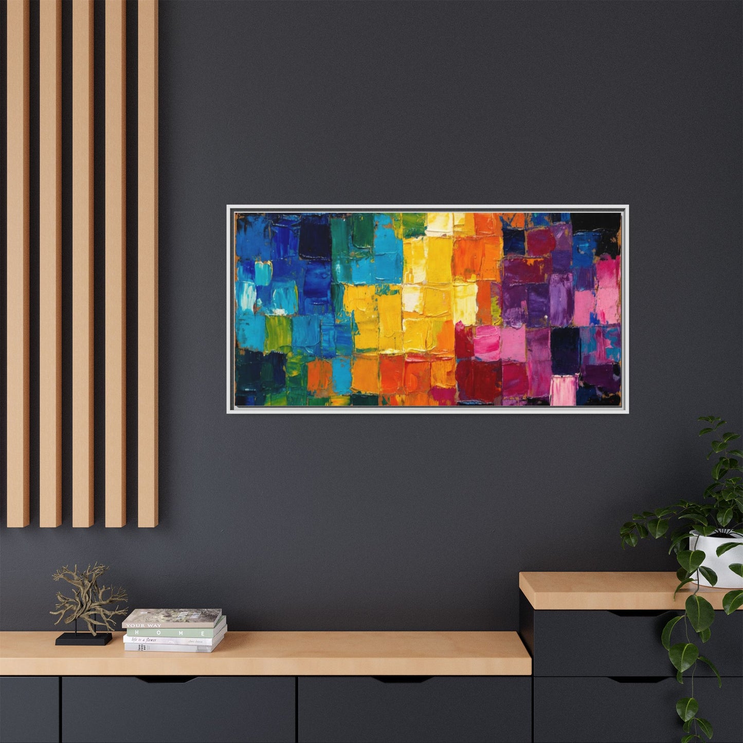 Abstract Rainbow Mosaic Framed Canvas Print — Colorful Modern Wall Art