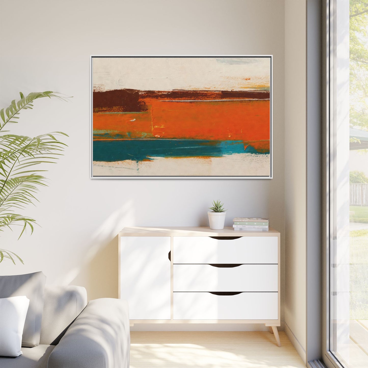 Abstract Horizon Matte Canvas Framed Print — Modern Orange Teal Wall Art
