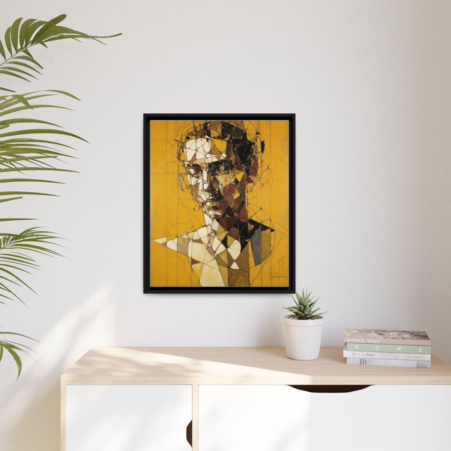Framed Matte Canvas Art - Abstract Geometric Portrait on Mustard Yellow