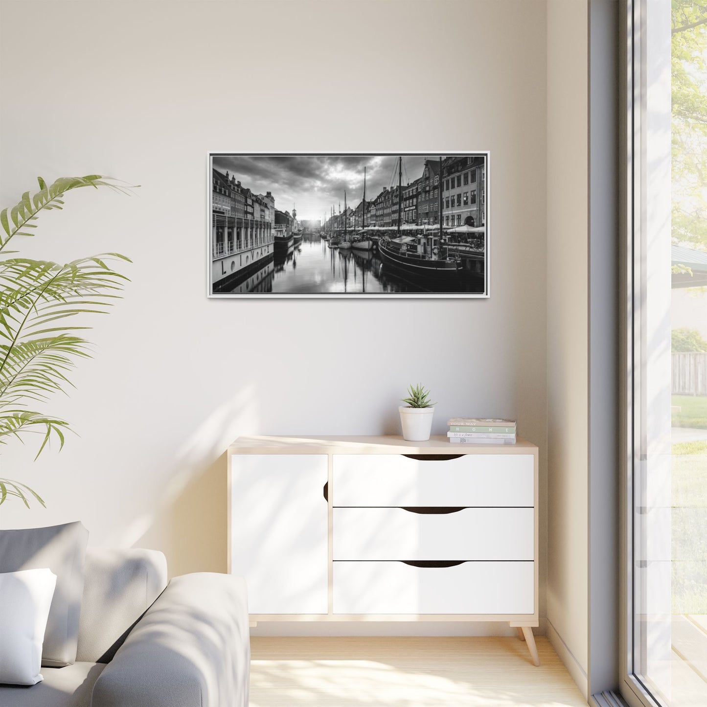 Framed Matte Canvas: Black & White Dutch Canal Photography Wall Art
