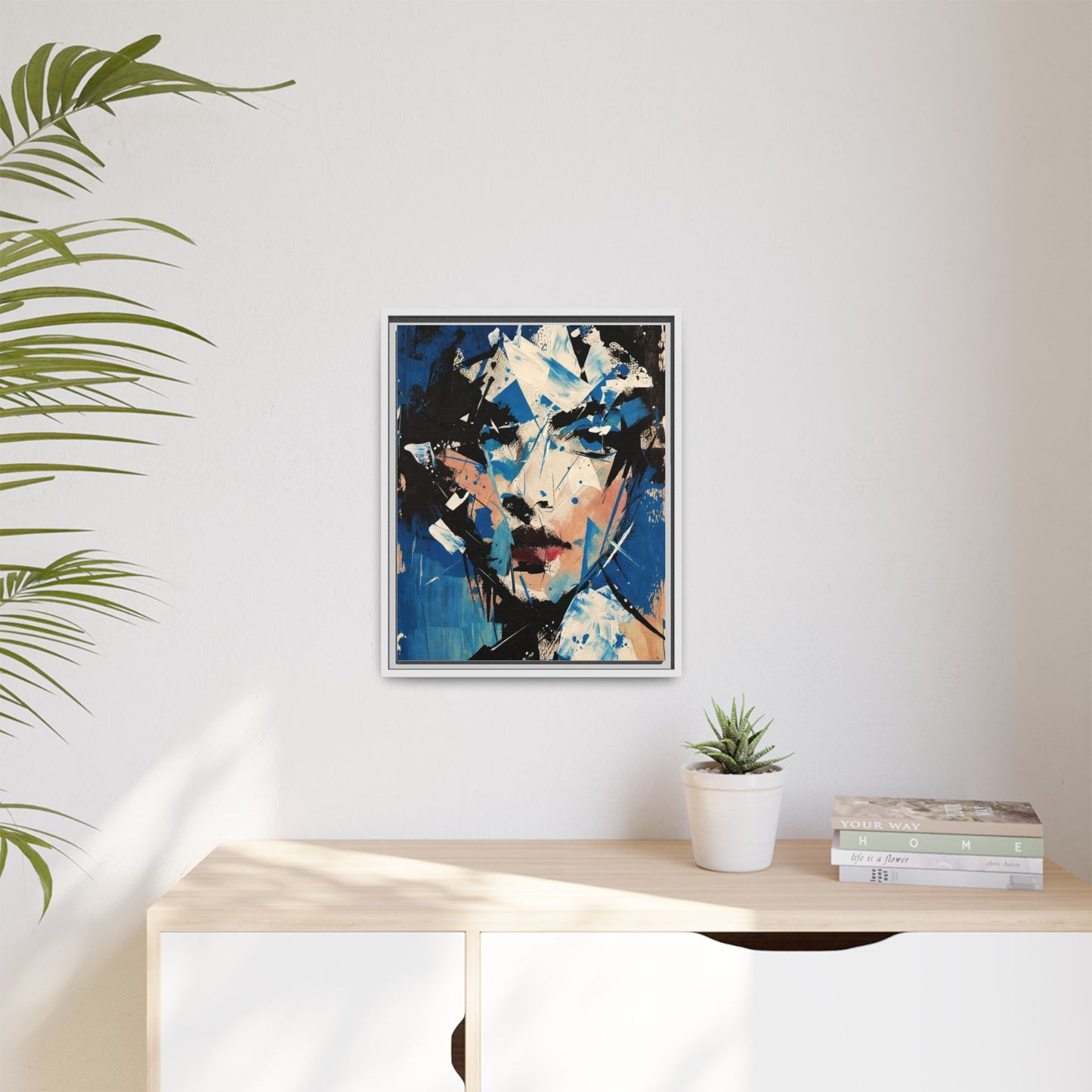 Abstract Portrait Matte Canvas Framed Wall Art — Blue Mixed-Media Face Print