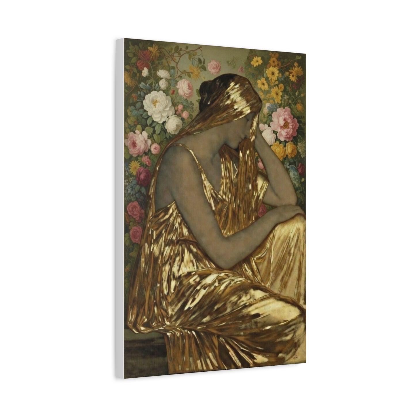 Golden Muse Canvas Print — Woman in Gold Floral Art (Stretched Matte)