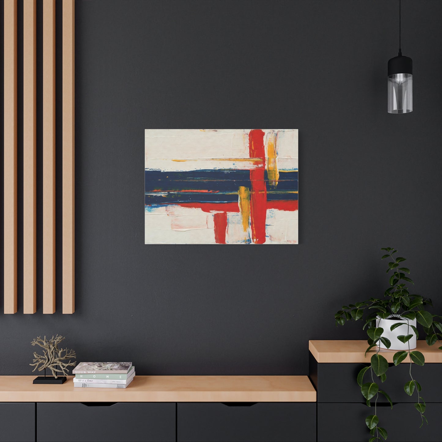 Abstract Modern Canvas Art Print — Red, Navy & Gold Stretched Matte Canvas