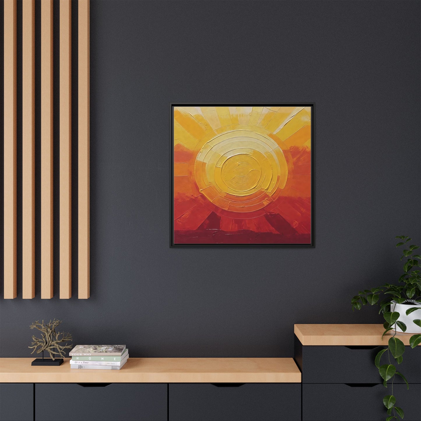 Sunburst Abstract Framed Canvas Art — Matte Multi‑Color Wall Print